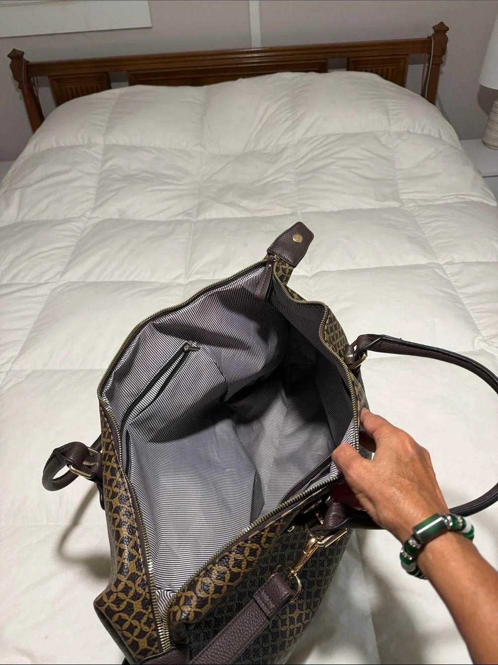 Brown Patterned Weekender Duffel Bag with Dark Brown Trim